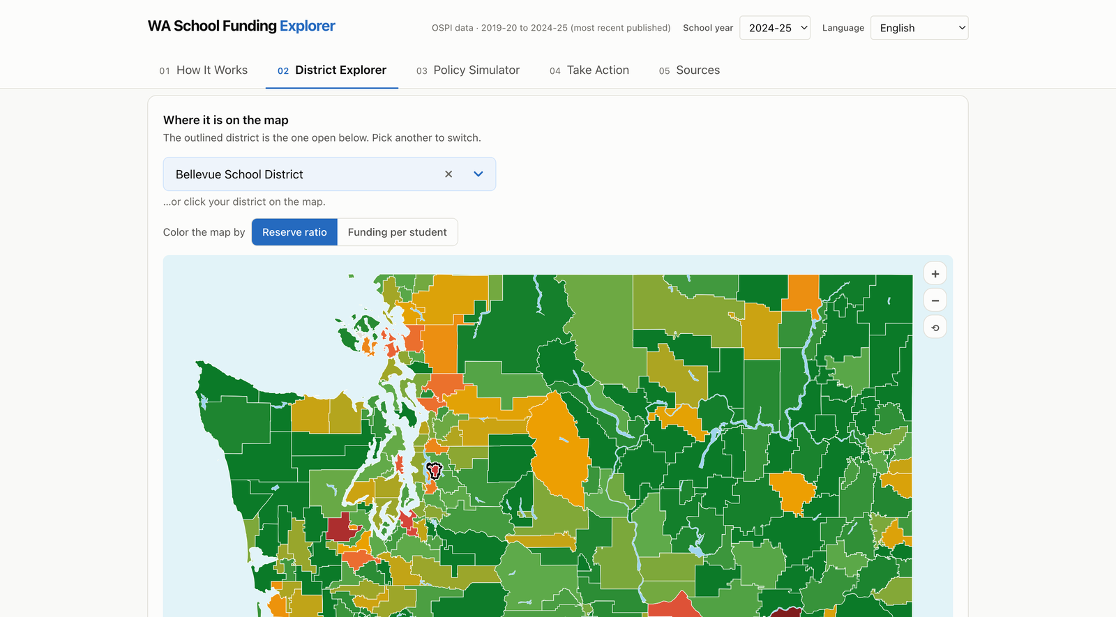 WA School Funding Explorer district map at k12funding.org